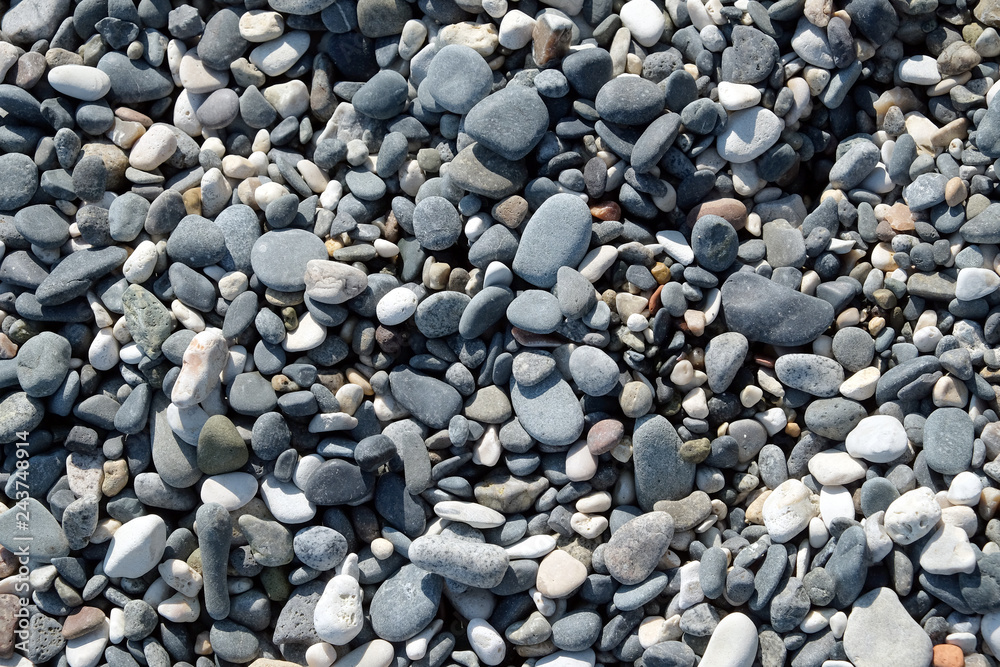 Background from many small smooth pebble stones on the sea beach on sunny day top view close-up Background from many small smooth pebble stones on the sea beach on sunny day top view close-up