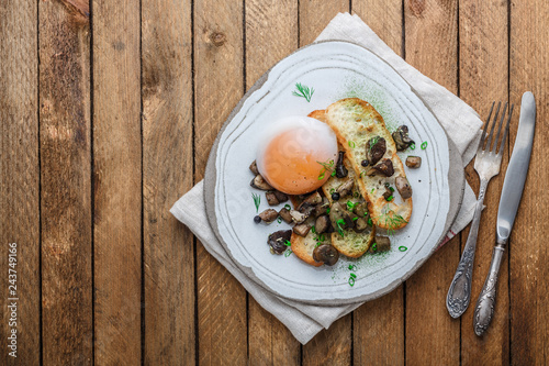 Soft-boiled goose egg with wild mushrooms and bread, copy space