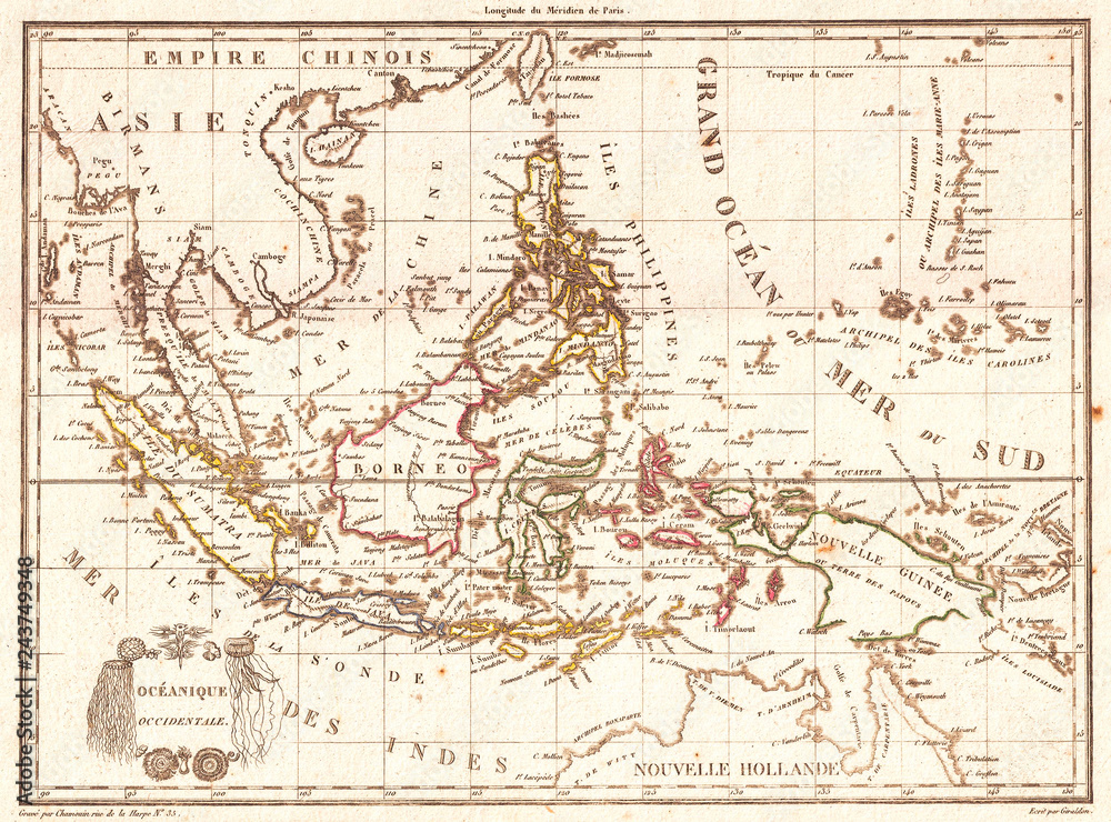 Old Map of the East Indies, Singapore, Southeast Asia, Sumatra, Borneo, Java, 1810, Tardieu 