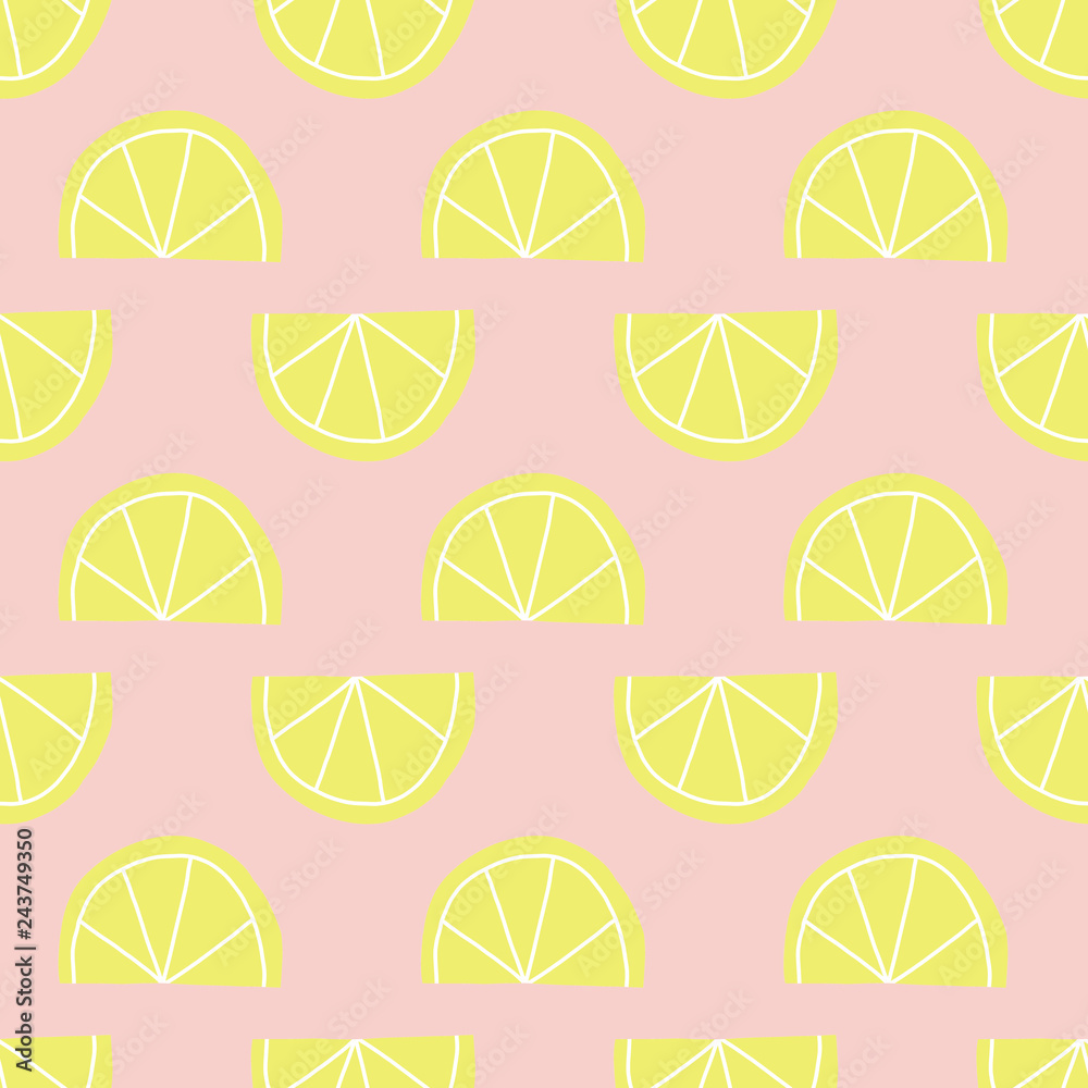 Lemon slices seamless vector pattern. Contemporary fruit design in retro style. Yellow lemons on pink background. Hand drawn food backdrop for summer, spring, garden party, farmers market.