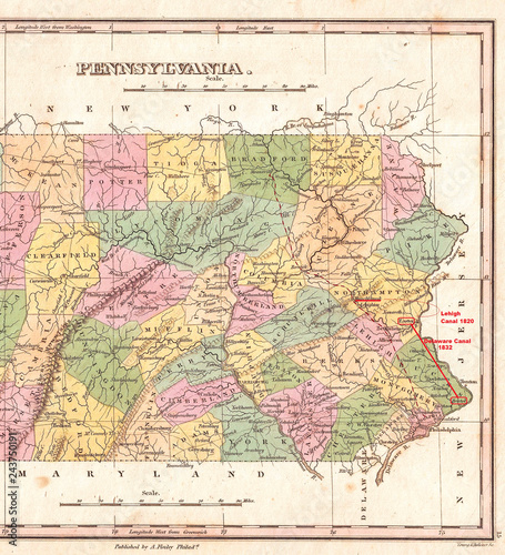 1827, Finley Map of Eastern Pennsylvania, en-antd Lehigh-Susquehanna, Susquehanna-Tioga, Turnpike, Anthony Finley mapmaker of the United States in the 19th century