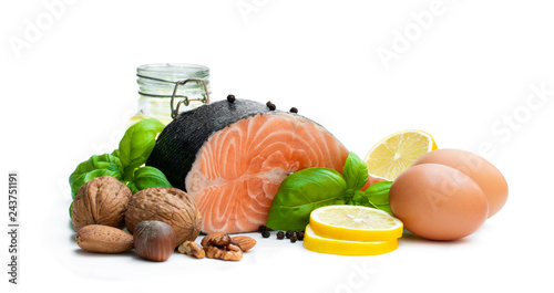 Set of food rich ofomega 3 fats isolated on white