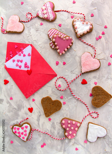 Decorations table setting Christmas,heart cookies, a letter,a Postcard Valentine's day