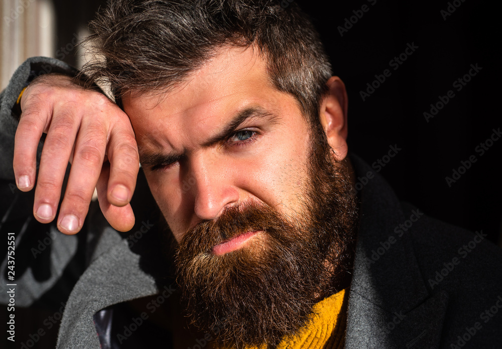 Man with beard looks seriously. Fashion male model portrait. Stylish  bearded man. Sexy fashion adult man. Confident guy with blue eyes. Stock  Photo | Adobe Stock