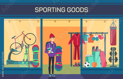 Buyer at sporting goods store. Sports department