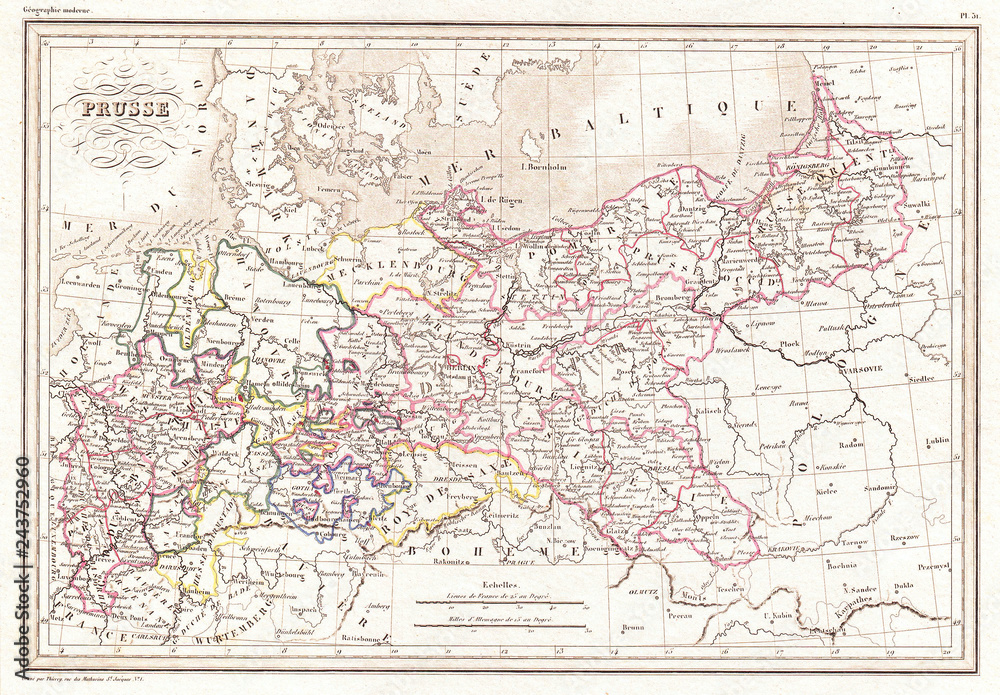 1843, Malte-Brun Map of Prussia, Germany