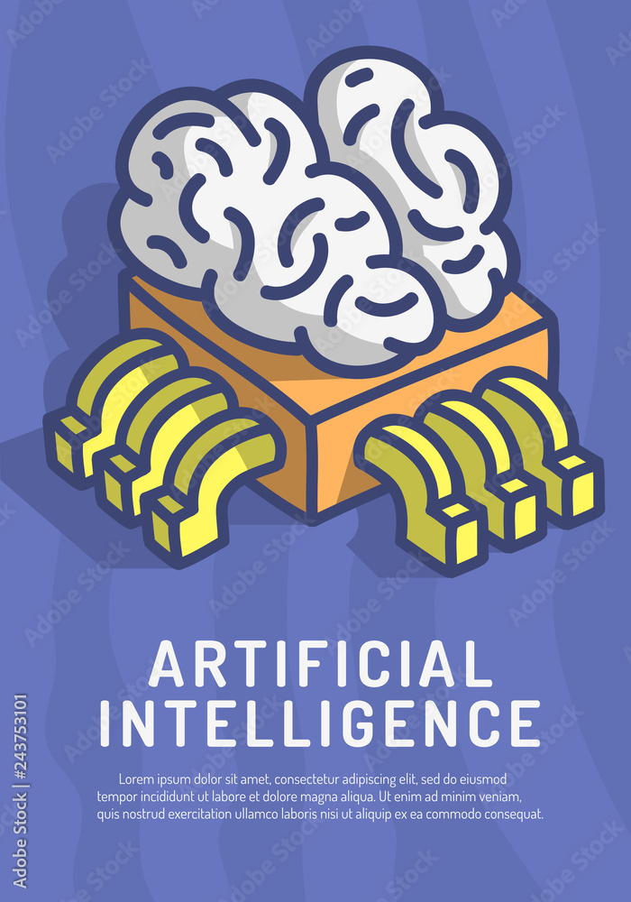 Artificial Intelligence Themed Design Hand Drawn Cartoon Funny Illustration  With Computer Cpu Processor Chip And Human Brain Concept Poster Vector  Graphic Stock Vector | Adobe Stock