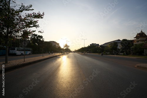 Siem Reap,Cambodia-Januay 9, 2019: Sunrise viewed from National Highway 6 in Siem Reap, Cambodia