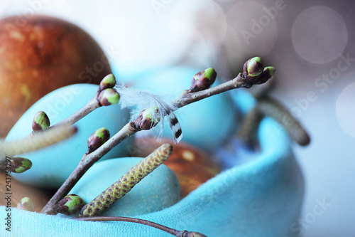 Easter. Marble brown and blue Easter eggs in a nest of birch, cherry and feathers. Selective focus, macro, toning, blur. photo