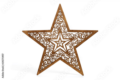 Brown star as Christmas decoration made and cut out with laser from wood