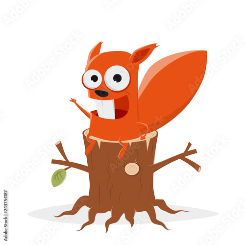 funny cartoon squirrel sitting on a tree stump