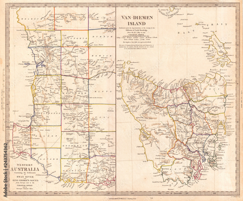 1849, S.D.U.K. Map of Tasmania or Van Diemen's Land and Western Australia