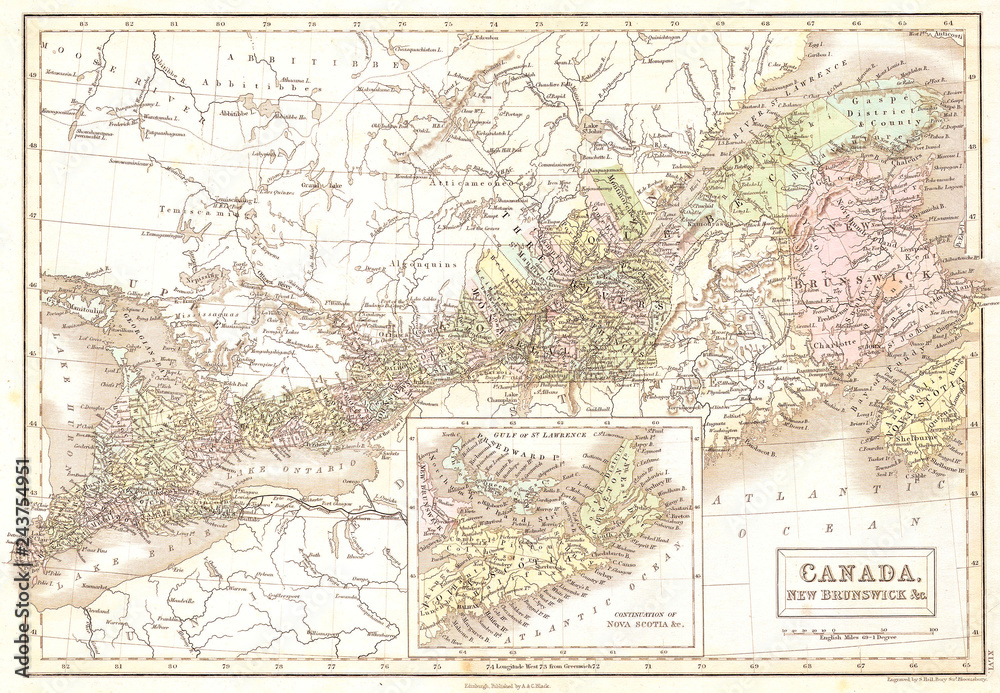 Fototapeta premium 1851, Black Map of Eastern Canada, Ontario, New Brunswick