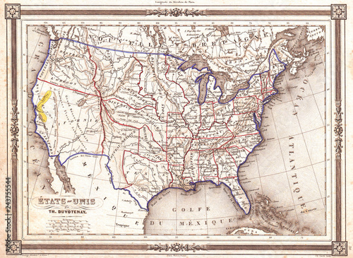 1852, Duvotenay Map of the United States, Gold Rush photo