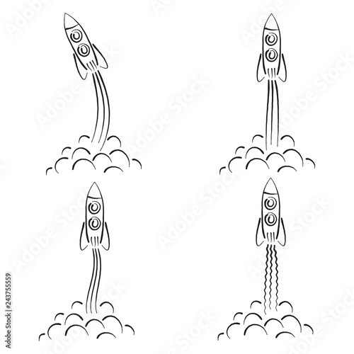 Set of rocket launch. Rocket ship start. Hand drawn cartoon rockets. Isolated on a white background. Vector doodle illustration. 
