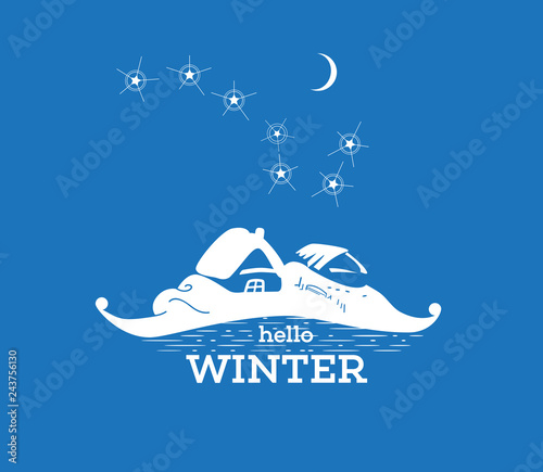 Hello Winter.  Snow covered north country with house, ice lake and stars sky. Great Bear constellation. Ursa Major. 