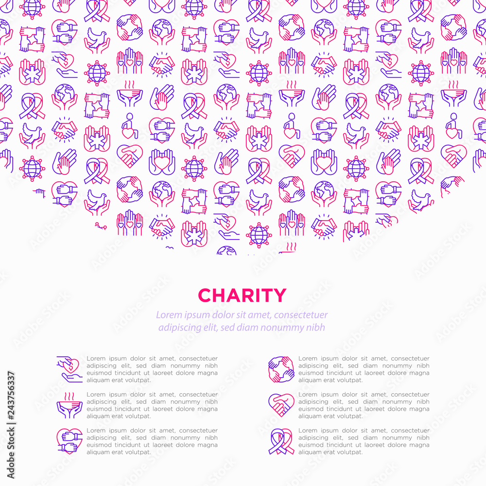Charity concept with thin line icons: donation, save world, reunion, humanitarian aid, ribbon, medical support, charity to disabled people, life saving. Vector illustration, print media template. Charity concept with thin line icons: donation, save world, reunion, humanitarian aid, ribbon, medical support, charity to disabled people, life saving. Vector illustration, print media template.