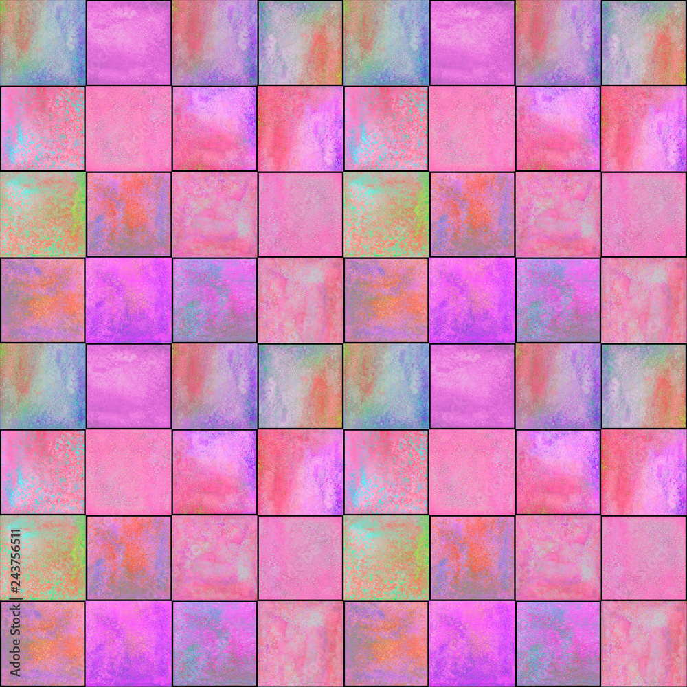 Abstract geometric seamless pattern with squares. Colorful watercolour artwork.
