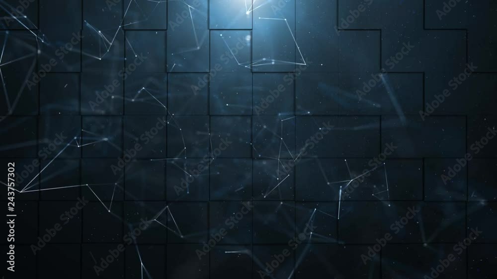 Abstract network lines and dots on dark blue cyber background. Selective focus used. 3d square effect animation used.