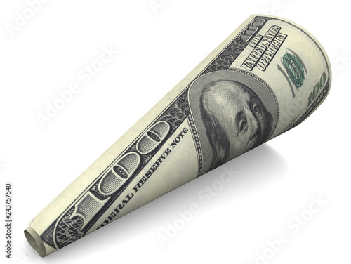 Rolled up dollar bill. US one hundred dollar banknote rolled into a cone. Isolated. 3D illustration