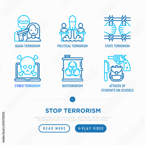 Stop terrorism thin line icons set: terrorist, national army, hostage, cyber attacks, bioterrorism, illegal imprisonment. Vector illustration. photo