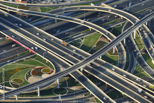 Aerial dron view of highway interchange, bird eye, United Arab Emirates