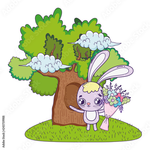 cute rabbit with flowers boucket valentines day photo