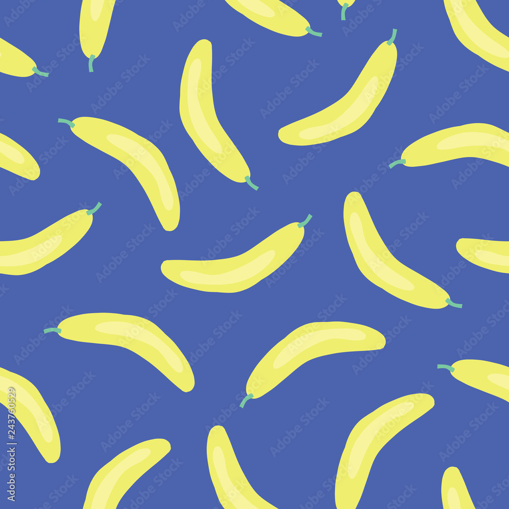 Bananas background. Vector seamless pattern with illustrated fruits isolated on blue. Food illustration. Use for card, menu cover, web pages, page fill, packaging, farmers market, fabric.