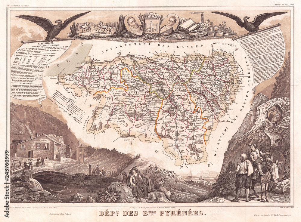 Naklejka premium 1852, Levasseur Map of the Department Des Basses Pyrenees, France, Jurancon Wine Region