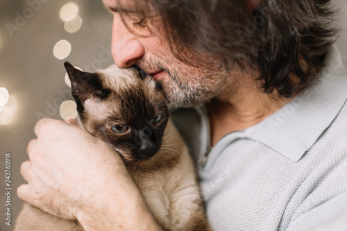 handsome adult man holding a cute, lovely fluffy cat. Siamese breed. © kazantsevaov