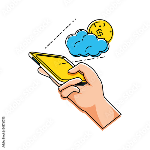 hand using smartphone with cloud and coin