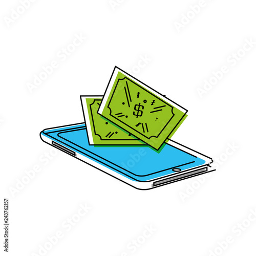 smartphone with bills dollars