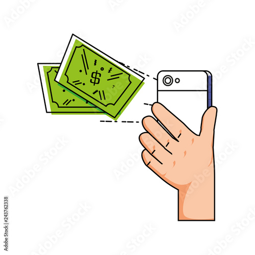hand using smartphone with bills dollars