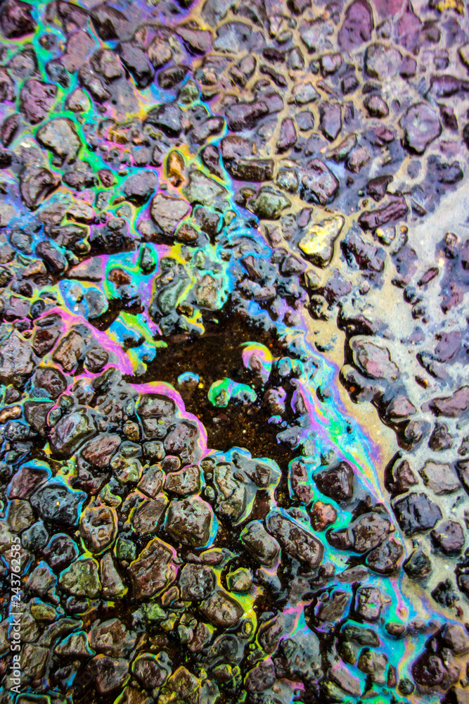 Rainbow Liquid Petrol Pollution Leak on Asphalt Road Rainbow Liquid Petrol Pollution Leak on Asphalt Road