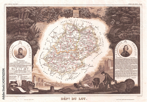 1852, Levasseur Map of the Department Du Lot, France, Cahors Wine Region