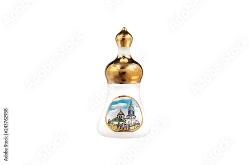 ceramic souvenir toy in the form of temple with color painting on isolated white background reflecting the national Russian culture with the inscription in Russian: the name of the city of Gryazi photo