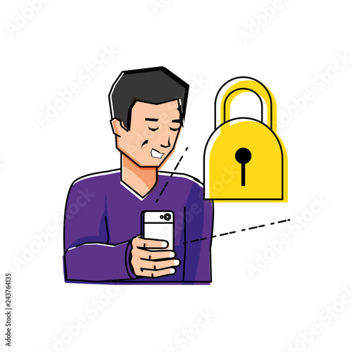 young man using smartphone buying burger