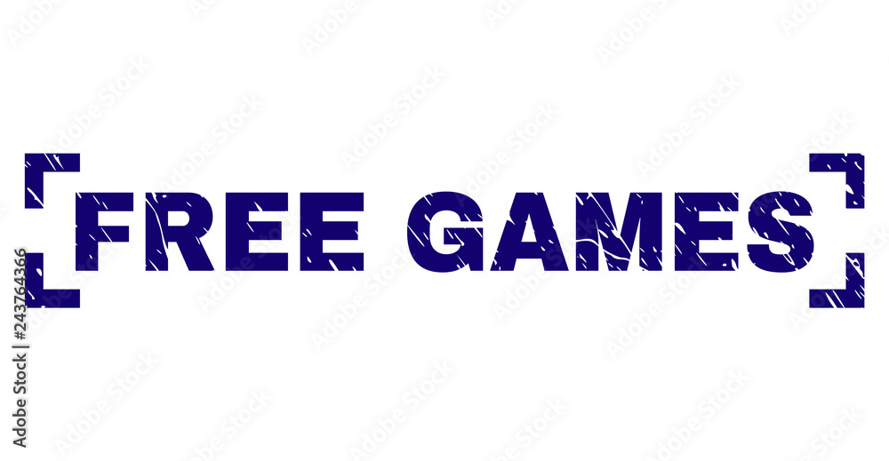 FREE GAMES tag seal watermark with corroded style. Text tag is placed inside corners. Blue vector rubber print of FREE GAMES with corroded texture.