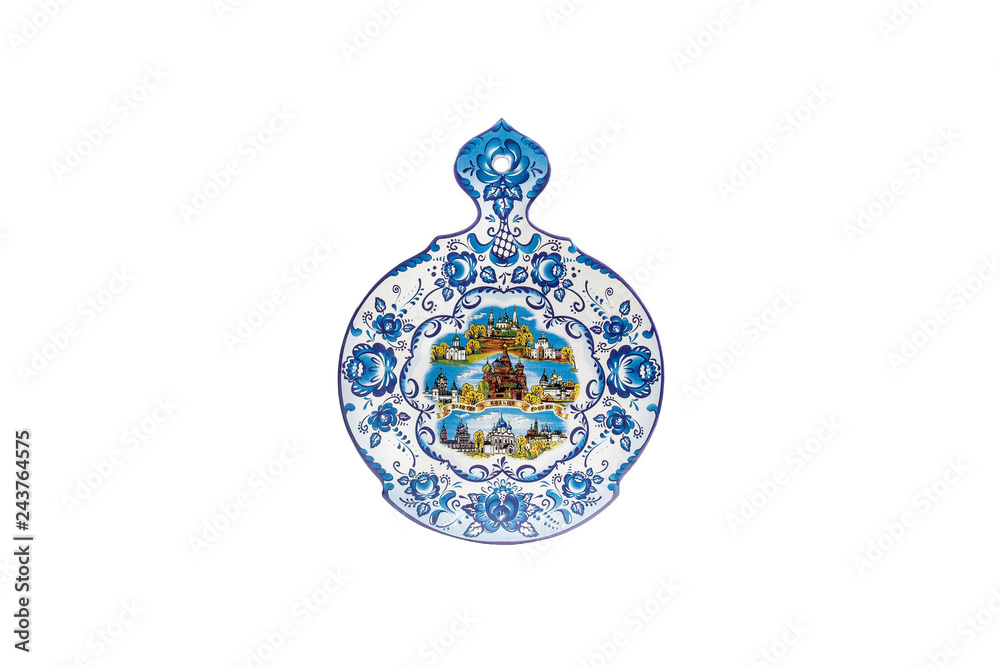 ceramic souvenir toy in the form of matryoshka with beautiful color painting on isolated white background reflecting the national Russian culture ceramic souvenir toy in the form of matryoshka with beautiful color painting on isolated white background reflecting the national Russian culture