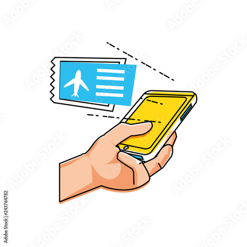 hand using smartphone buying tickets flight