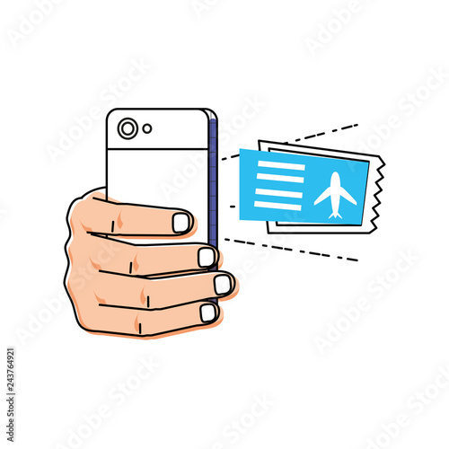 hand using smartphone buying tickets flight