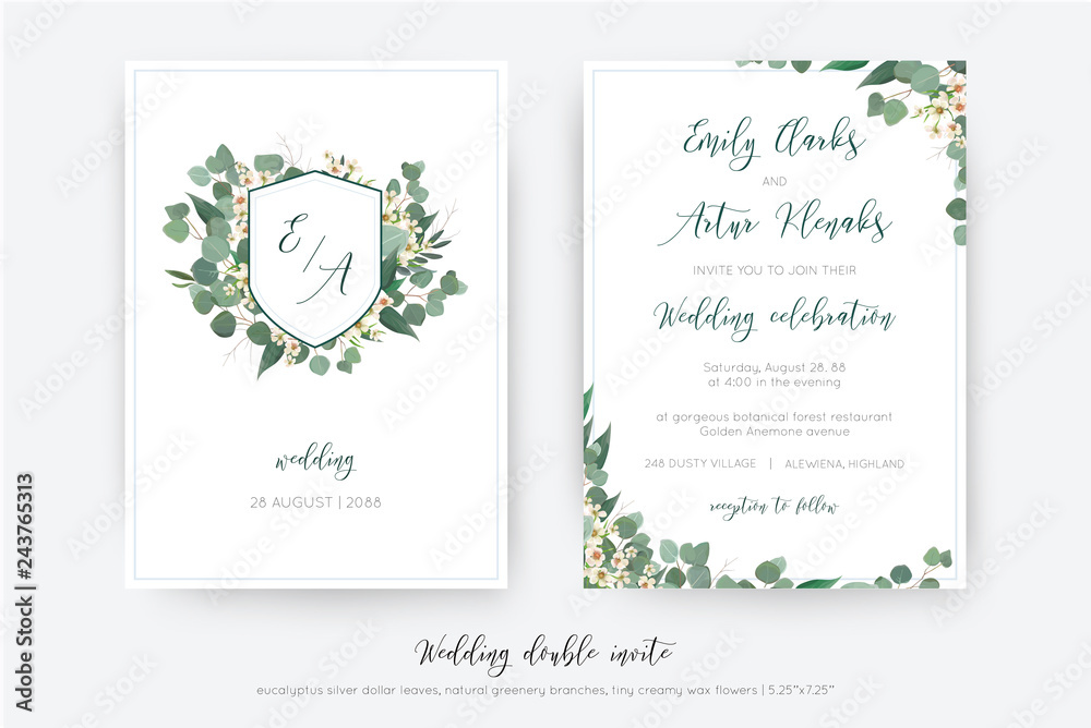 Wedding double invite, invitation, save the date card floral design. Botanical monogram: creamy wax flower, Eucalyptus  green branches,  greenery leaves wreath & dusty blue frame. Elegant tamplate set
