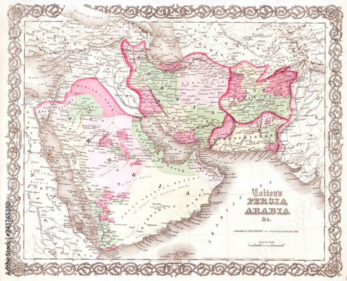 1855, Colton Map of Persia and Arabia, Saudi Arabia, Iraq, Israel and Afghanistan