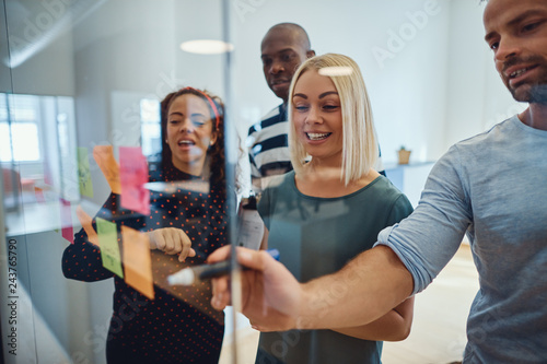Group of designers smiling during an office brainstorming sessio