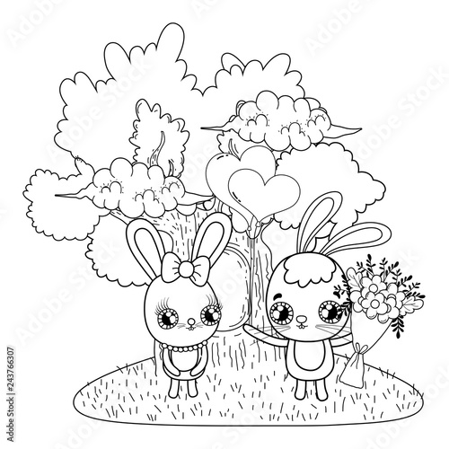 cute rabbits couple with flowers valentines day photo