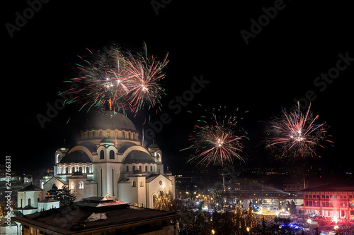 Belgrade, Serbia - January 14, 2019: Orthodox New years eve celebration with fireworks over the Church of Saint Sava at midnight in Belgrade, Serbia © nedomacki