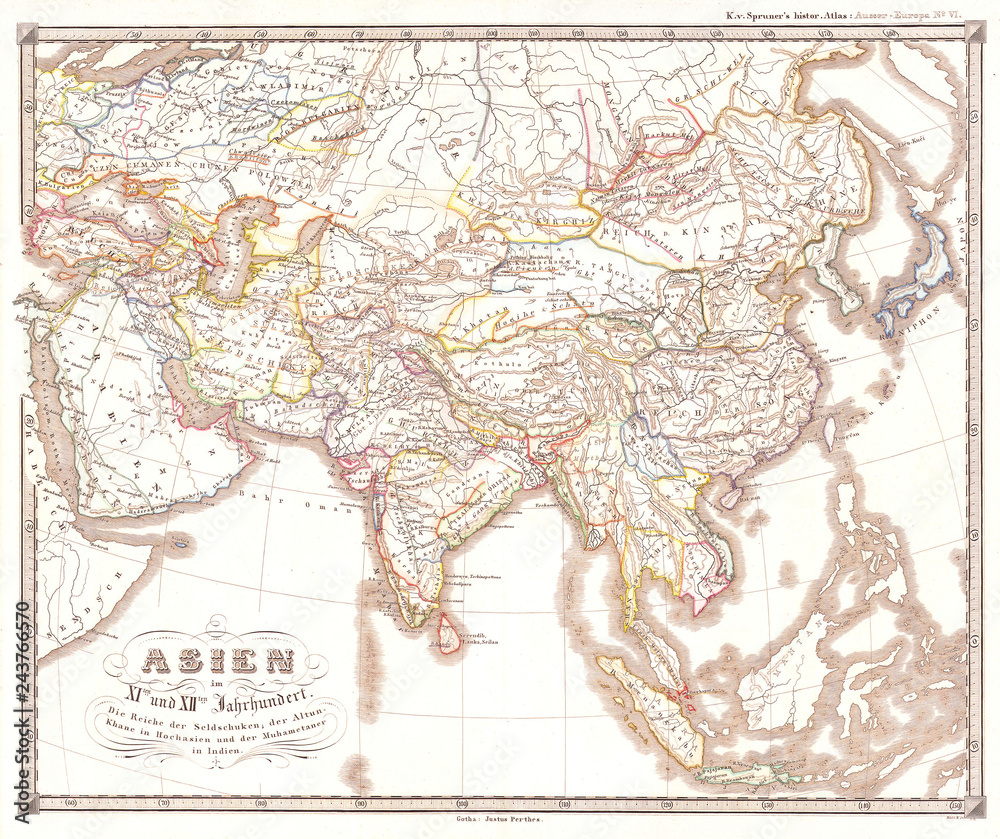 1855, Spruner Map of Asia in the 11th and 12th Centuries, Seljuk Empire, Song China