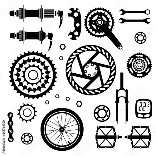 Bicycles. Set of bicycle parts. Start flag. Isolated vector image.