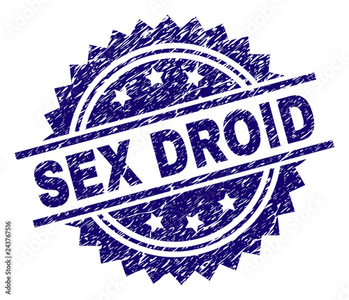 SEX DROID stamp seal watermark with distress style. Blue vector rubber print of SEX DROID text with corroded texture.