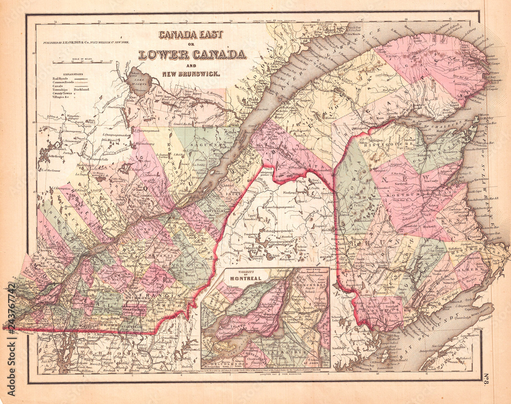 Obraz premium 1857, Colton Map of Quebec and New Brunswick, Canada